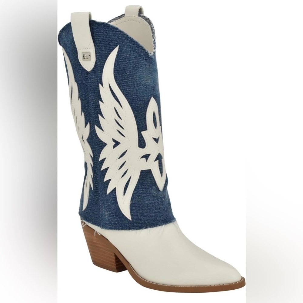 Guess Denim Blue and White Winged Heeled Boots